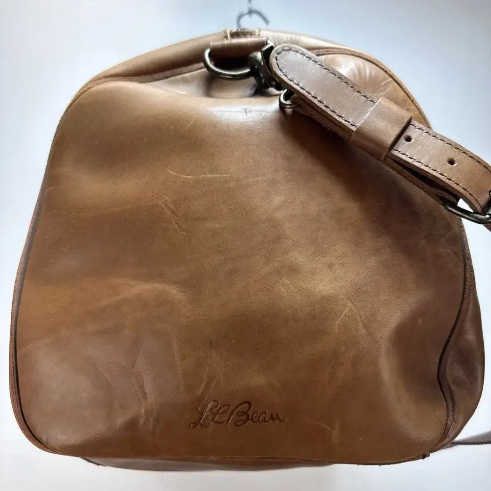 L.L. Bean Signature Cognac Brown Leather‎ Travel Duffle Weekender Canvas Lined